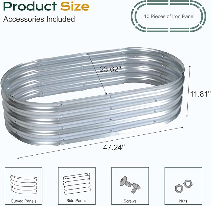 Aoodor Galvanized Raised Garden Bed Kit 4 x 2 x 1 Ft Oval Planter Box for Vegetables Flowers Herbs Outdoor Use Silver