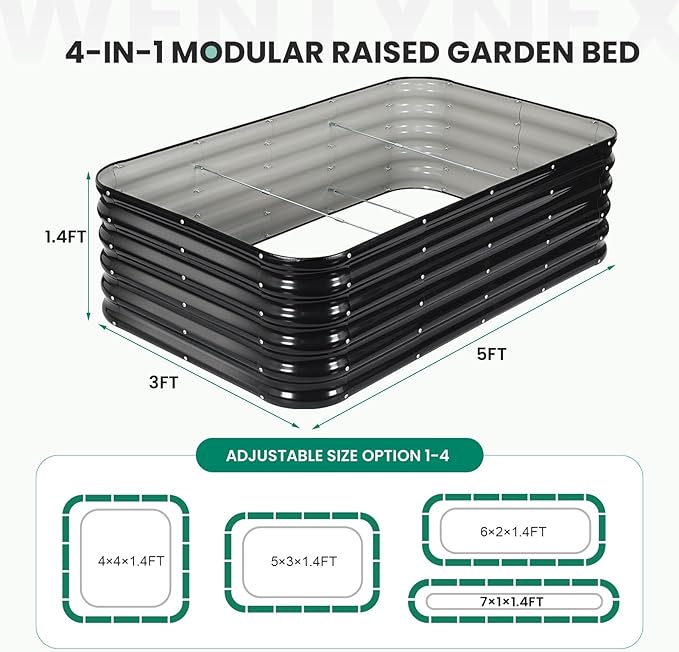 5×3×1.4FT Galvanized Raised Garden Bed Outdoor Metal Raised Garden Bed Kit Large Planter Raised Beds 4 In1 Modular Raised Planter Box OutdoorRaised Beds for Gardening for Vegetables Flowers Herbs