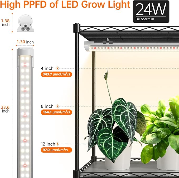 Bstrip Plant Shelf with Grow Light with Timer Metal Plant Stand with Adjustable Rack and Wheels 4 Pack 24W Full Spectrum Grow Light Strip for Indoor Plants Seed Starting 35.4x13.8x59