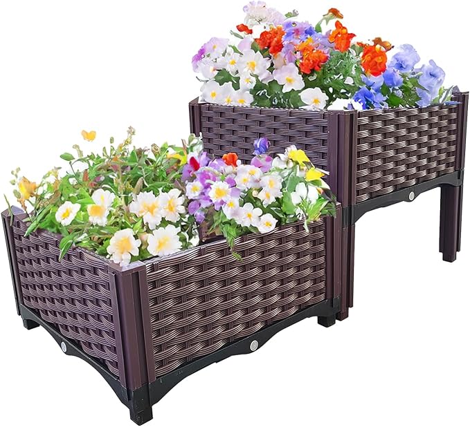 Plastic Raised Garden Bed Set of 2 Planter Grow Boxes 14.5 H Elevated Garden Boxes for Indoor &amp Outdoor Patio Vegetable Fruit Flower Herb