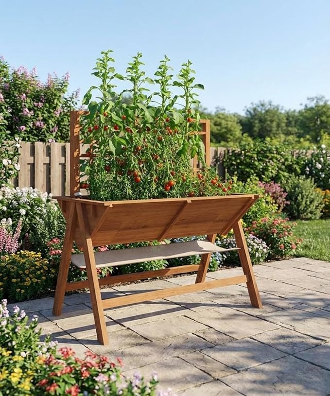 Large Wooden Raised Garden Bed with Trellis &amp Storage Shelf Tall Elevated Planter Box with Legs Extra Deep Standing Planter with Drainage Holes for Outdoor Vegetables Flowers &amp Herbs Natur