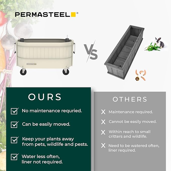 Permasteel Self-Watering Garden Bed Rolling Planter for Vegetables Flowers Herbs and Fruit Outdoor Indoor Caster Wheels Ivory