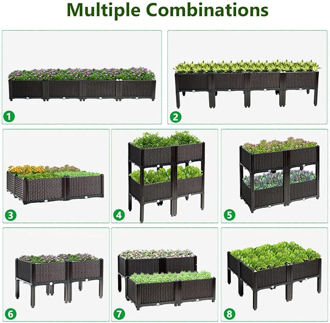 S AFSTAR Raised Garden Bed Kit Set of 4 Elevated Planter Boxes with Self-Watering Design &amp Removable Legs Outdoor Plastic Planter Box for Patio Yard Balcony Gardening Rattan Pattern (Brown)