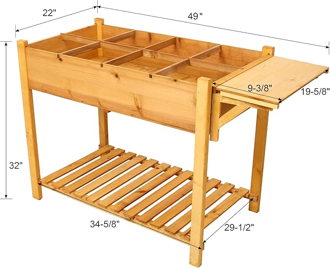 8-Pocket Elevated Wooden Raised Garden Bed - Foldable Side Table Storage Shelf for Herbs Vegetables Flowers