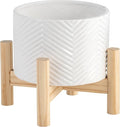 6 Ceramic Planter W Wood Stand White