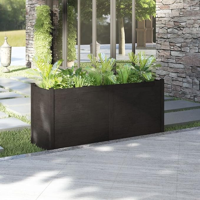 Large Rectangular Garden Planter Solid Pinewood Matte Black Finish Durable Outdoor Raised Garden Bed for Flowers Herbs Vegetables