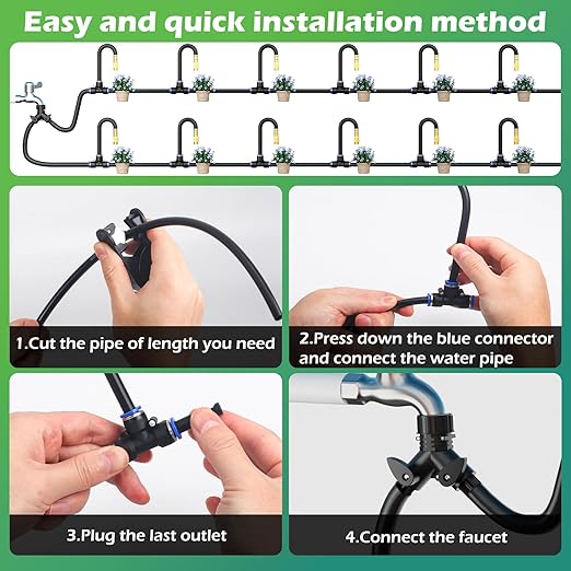 Drip Irrigation System 100 FT with 32 Nozzles 360° Adjustable Bendable Garden Watering Misting System for Greenhouse Yard Lawn Plant Garden 1/4 inch Hose