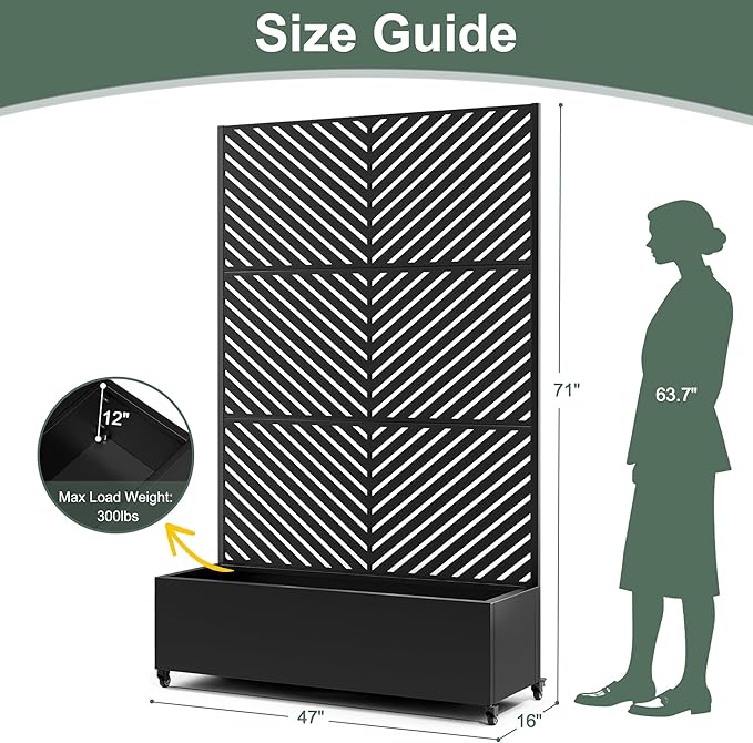 Large Metal Raised Garden Beds with Privacy Screen Standing Planter Box with Trellis &amp Wheels for Outdoor Climbing Plants Garden Boxes with Drainage Holes for Patio (47L Black Parallel)