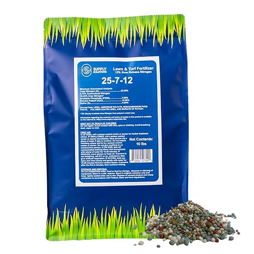 Supply Solutions 25-7-12 Lawn and Turf Fertilizer - 15% Slow Release Nitrogen Lawn Fertilizer for All Grass Types Shrubs - Turf Builder Plant Food Covers 2500 sq.ft (10lbs)
