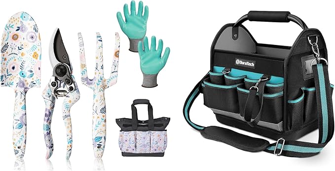 WORKPRO 5PCS Garden Tool Set &amp DURATECH 12 Inch Tool Tote with Waterproof Hard Bottom
