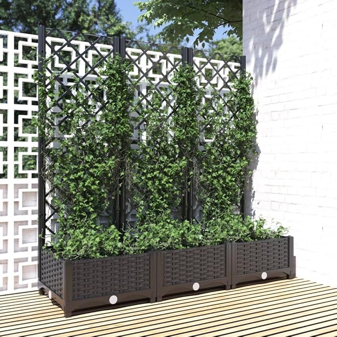 Large Garden Planter Black Polypropylene 47.2 with Trellis Raised Garden Bed for Outdoor Plants Balcony Terrace Gardening