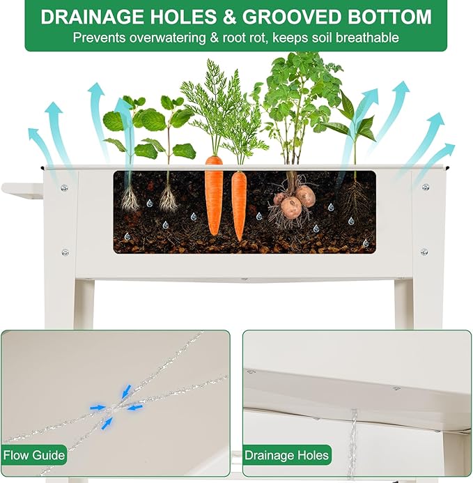 Elevated 32 Tall Raised Garden Bed with Legs and Wheels for Mobility Metal Planter Boxes Outdoor with Shelf Raised Bed for Gardening Vegetables/Herbs Backyard Patio Balcony White