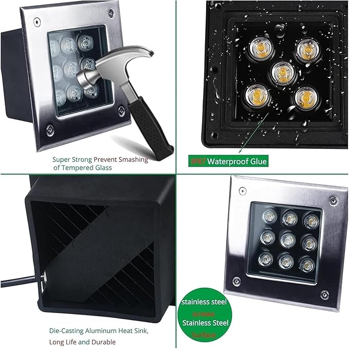 Outdoor Buried Lights - LED Landscape Lights 24V Low Voltage Square Walkover Led Lights IP67 Waterproof Embedded Spotlight for Garden Pathway Walkway Deck Yard Lighting(Green3w) (Green 12w)