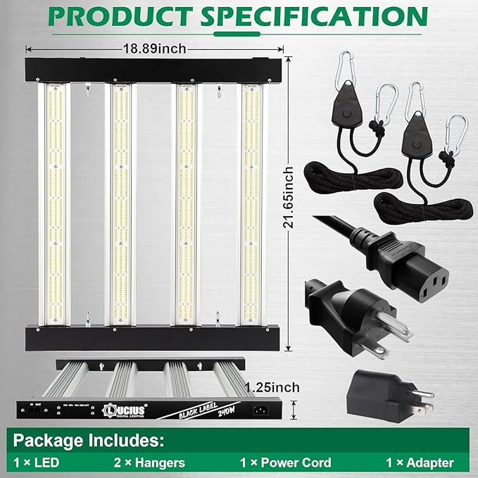 Lucius 240W LED Grow Light with LM281B Diodes 2.9 µmol/J High Efficiency Dimmable 4-Bar Light with 1200 Diodes Full Spectrum Plant Grow Lamp for Indoor Plants Seeding Veg Bloom 120/240/277V
