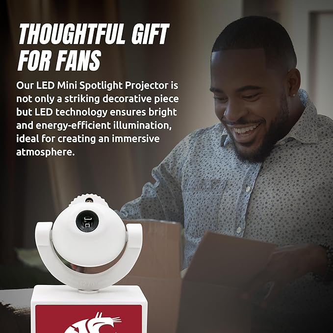 Sporticulture NCAA American Football Washington State - Adjustable Led Mini Spotlight Projector with 6 Team Logo Designs - Portable &amp Rechargeable Spotlight - Battery-Operated - 4.375” x 3.125”