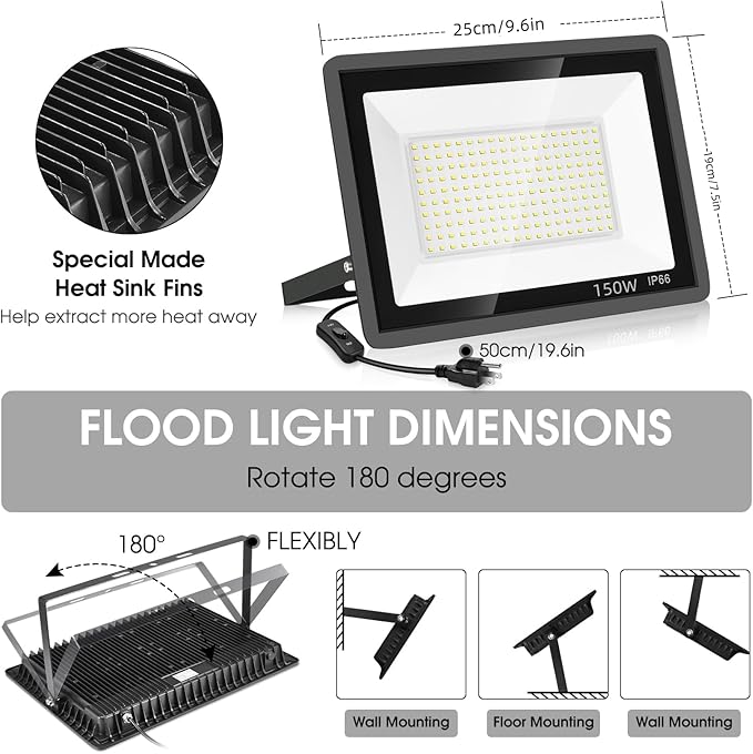 3 Pack 150W LED Flood Light OutdoorSuper Bright Exterior Security Light with PlugIP66 Waterproof Flood Light 15500LM 5000K Daylight White Floodlight for Yard GardenBasketball Court Arena