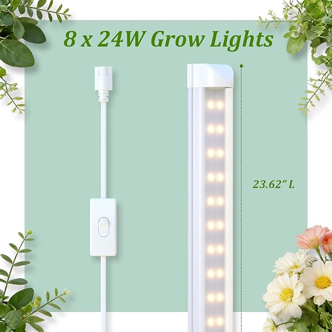 Plant Shelf with Grow Light DIY 6-Tier Plant Stand with Grow Light Adjustable Rack and Wheels 8 Pack 24 192W T8 Full Spectrum Grow Lamp for Indoor Plants Seed Starting Vegetable 29x13.5x73.5
