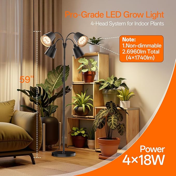 Bstrip Grow Lights for Indoor Plants Non-Dimmable 4 Head Plant Light Stand with Flexible Gooseneck 3800K Full Spectrum Light for Plants Growing 59 Standing Grow Light with Timer