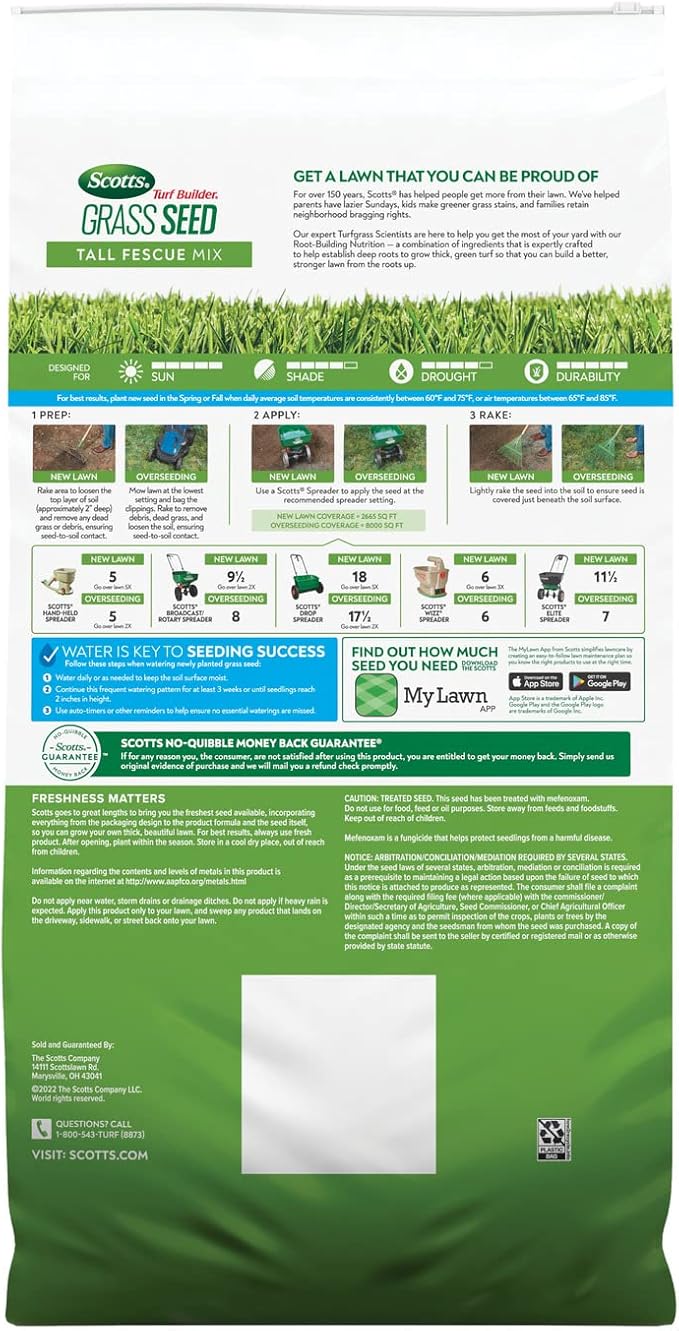 Scotts Turf Builder Grass Seed Tall Fescue Mix with Fertilizer and Soil Improver Resists Harsh Conditions 32 lbs.