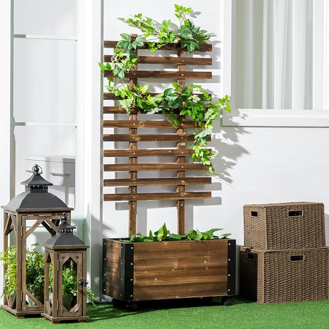 Raised Garden Bed with Trellis 58 Outdoor Wooden Planter Box with Wheels for Vine Plants Flowers Climbing and Planting Brown