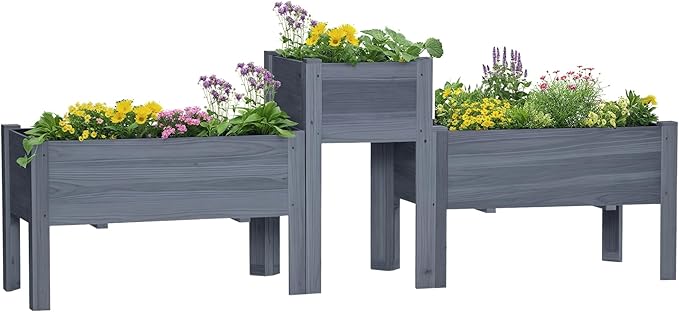 Outsunny Raised Garden Bed Set of 3 Wooden Elevated Planter Box with Legs and Bed Liner for Backyard and Patio to Grow Vegetables Herbs and Flowers Gray