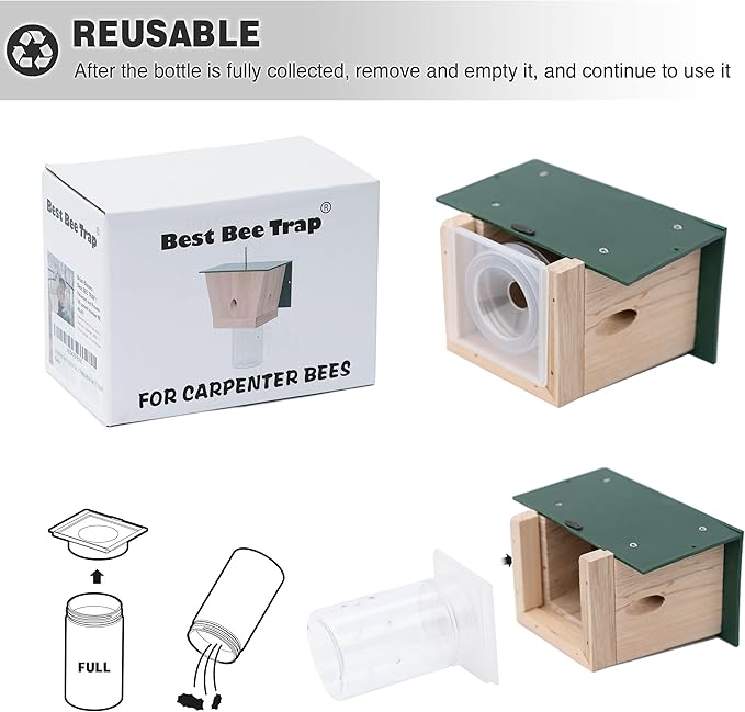 Carpenter Bee Trap for Outside - Green Pentroof Shed Style Nature Hanging Wood Carpenter Bee Traps Outdoor - Best Bee Trap - Insect Traps with Removable Vault (1 Pack)