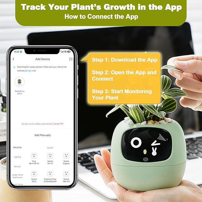 Smart Planter with App Control Self-Watering AI Plant Pot with LCD Display Interactive Desk Plant Companion for 100+ Plants Smart Indoor Planter with Pomodoro Timer80ml ReservoirCalendar-Green