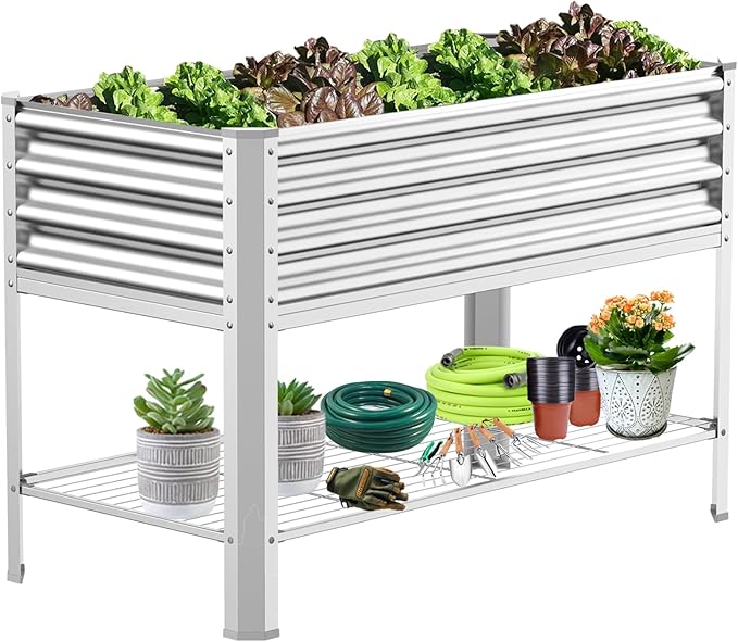 Raised Garden Bed with Legs Galvanized Raised Planter Box with Storage Shelf and Drainage Holes 48×24×32 Inch Large Metal Garden Bed Kit for Balcony Backyard Patio Lasts for Years of Use.