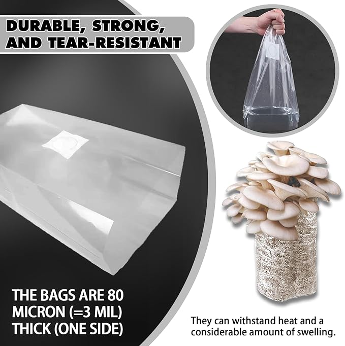 TonGass 60-Pack Autoclavable Mushroom Grow Bags Bulk with Microporous Filter Patchs - Large 6x5x20 Extra Thick 80 Micron (=3 Mil)| Mushroom Cultivation Spawn Supply Myco Bag Bulk Substrate Bags