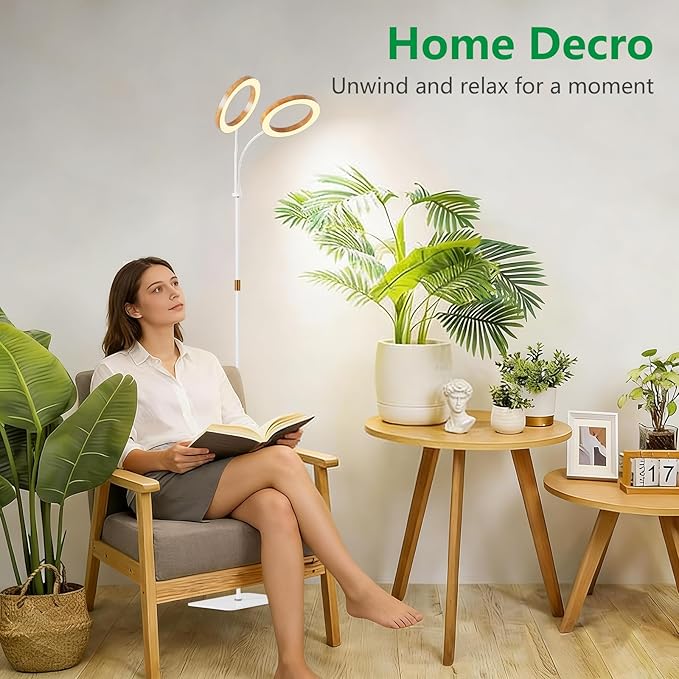 Dual Head Grow Light for Indoor Plants Full Spectrum-Floor Standing Plant Lamp with Auto Timer 6/12/18H 5-Level Dimmable &amp Adjustable Height 16.5-68in for Large Tall Plants | Faux Wood Design