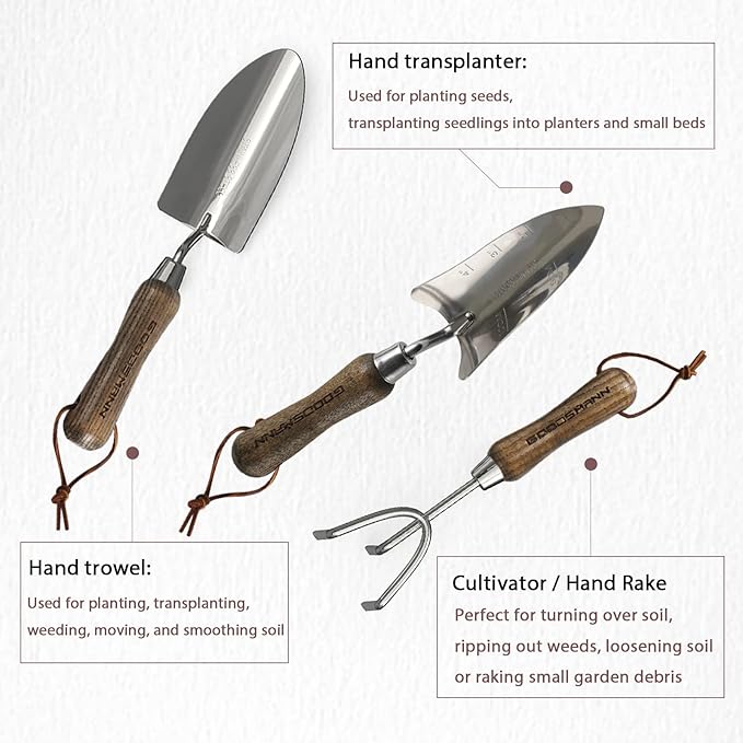 Gardening Stainless Steel Tool Set 3 Piece Includes Stainless Steel Trowel Hand Transplanter and Handheld Triple Claw Rake for Transplanting Digging Weeding Cultivating by GOODSMANN