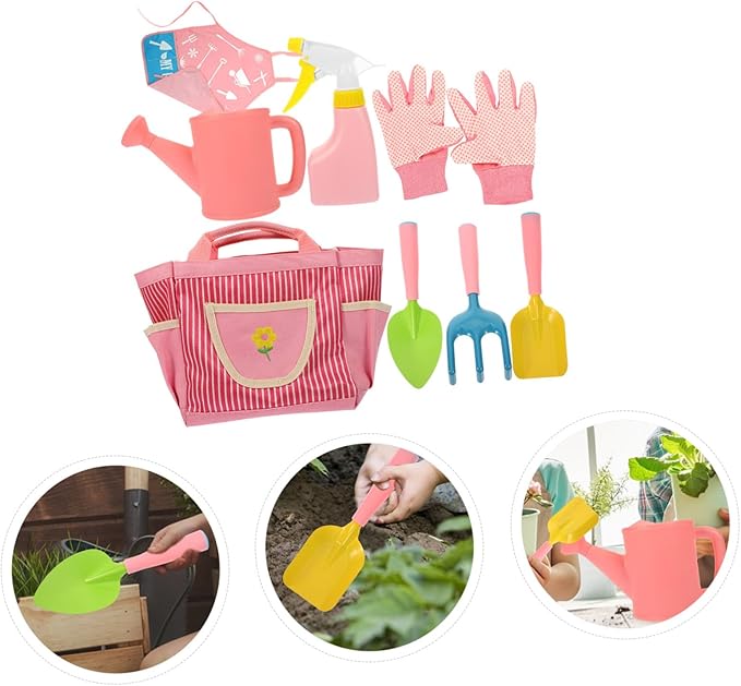1set Boys and Girls Gardening Tool Set Boy Girl Garden Kit Rake Shovel Gloves Watering Can Apron and Tote Bag for Outdoor Fun and Learning Activities