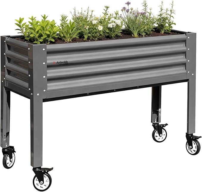 A ANLEOLIFE Elevated Raised Garden Bed with Lockable Wheels 48x18x35 in Galvanized Steel Planter Box with Legs Waist-High Design Reinforced Frame for Balcony Patio &amp Porch Quartz Grey
