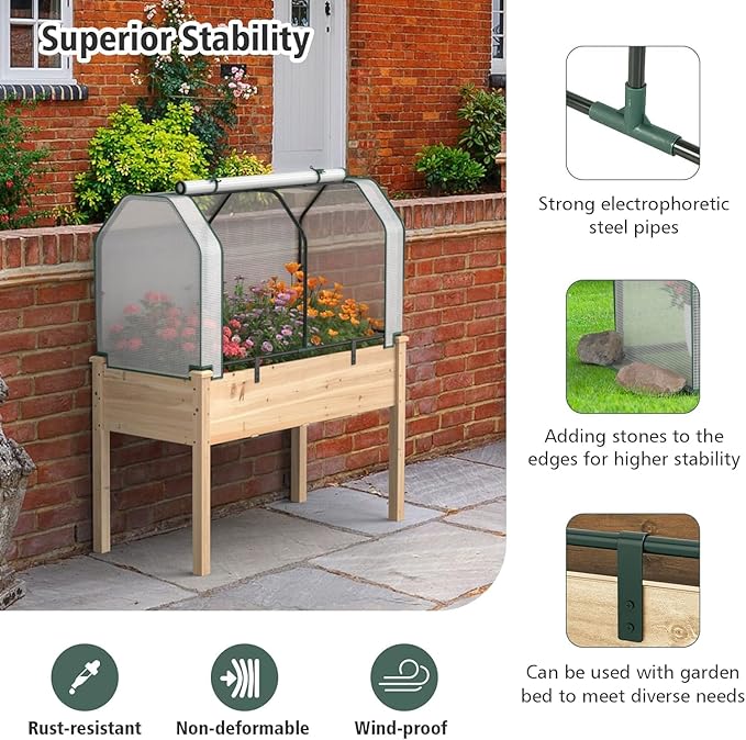 Raised Garden Bed with Greenhouse Cover Elevated Wooden Planter Box Outdoor Gardening Planting Bed for Vegetables Flowers &amp Herbs Grow Backyard Patio Lawn (White+Natural)