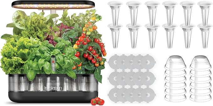 inbloom 12 Pods Hydroponics Growing System Transparent Black and 20 Pcs Grow Baskets 20 Pcs Grow Domes 48 Pcs Grow Labels