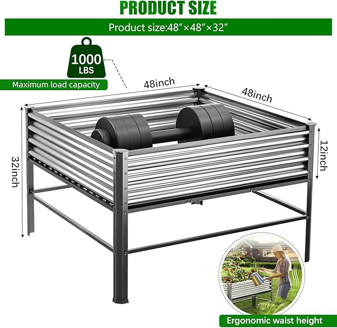 Doniks Raised Garden Bed with Legs 48×48×32in Large Outdoor Metal Galvanized Garden Planting Box1000lb Capacity for Vegetables Lawn Green Flowers Fruits Terrace