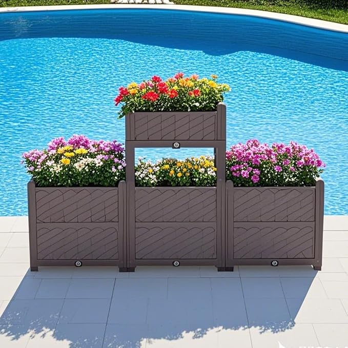 Rectangular Raised Garden Bed Kit Indoor Outdoor Plastic Planter Grow Box for Fresh Vegetables Herbs Flowers Succulents Brown BT80