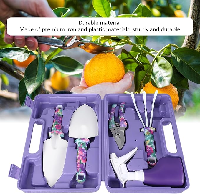 5 Pieces Garden Tool Set with Carrying Case Gardening Planting Tools with Cultivator Rake Shovels Branch Scissors Spray Can Purple
