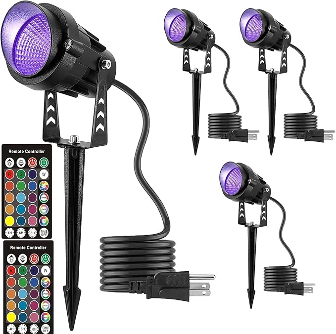 Christmas RGB Spot Lights Outdoor Spotlights with Timer 12W Metal Case IP65 Waterproof Color Changing Landscape Lights with Spike Stand for Garden Lawn House Tree (4 Lights)