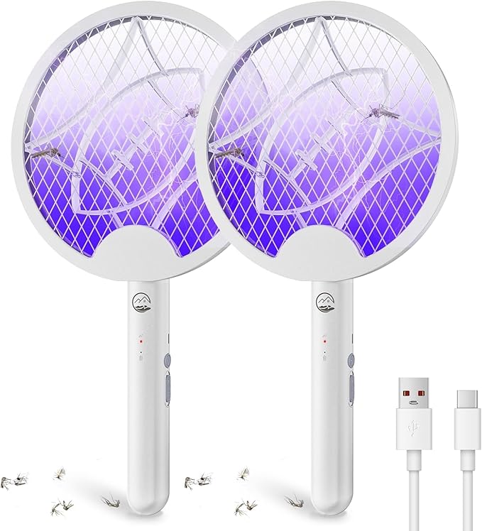 Electric Fly Swatter Racket Foldable 2 in 1 Bug Zapper with Purple Trap Lamp 4000V &amp 1500mAh Powerful Mosquito Trap Killer with Type-C Rechargeable for Indoor Home Patio Camp(White 2 Pack)