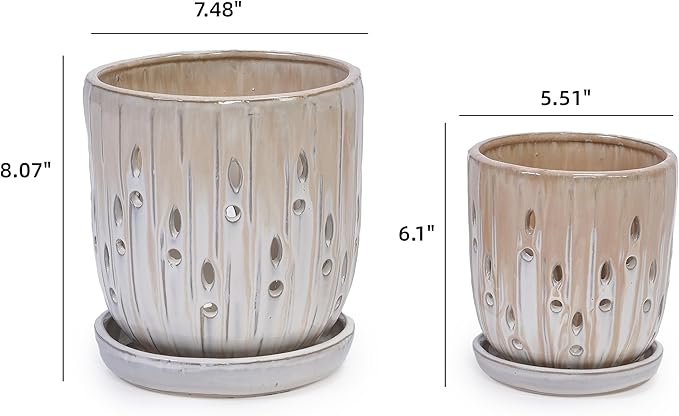 Handmade Ceramic Planter Set of 2 8 6 Diameter Beige with Vertical Stripes Oval Holes for Orchids Herbs IndoorOutdoor Shelf Table Use Breathable Clay