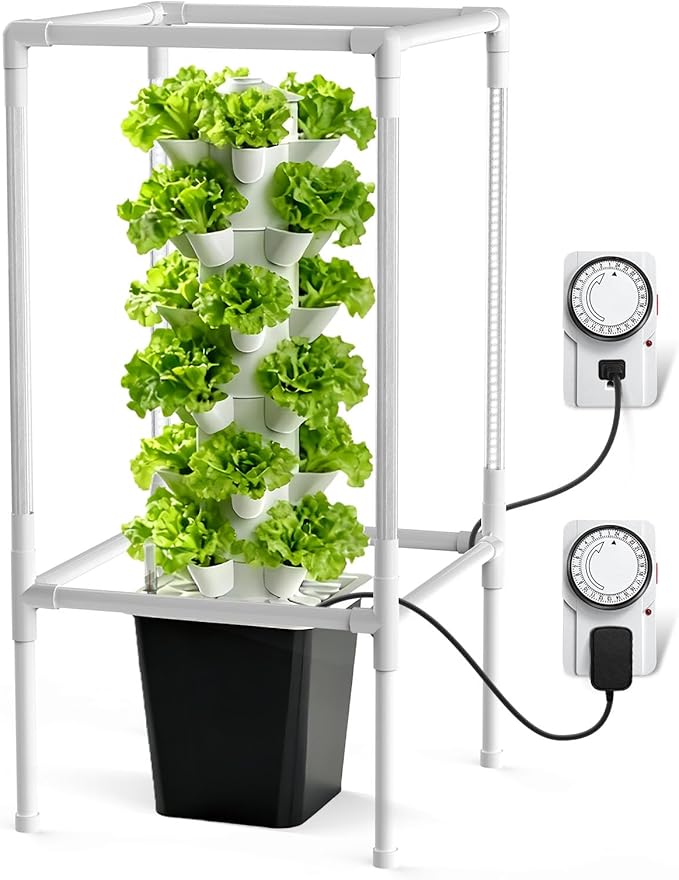 JESLED Hydroponic Growing System Indoor Herb Garden with 5000K Full-Spectrum Grow Lights Dual Timers for Auto Watering &amp Lighting Grows 30 Herbs &amp Vegetables Hydroponic Tower with 10L Wate