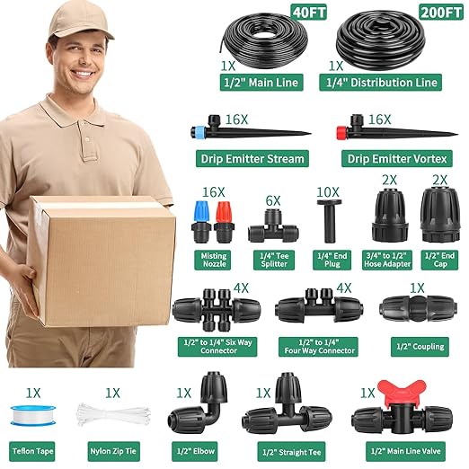 240FT Drip Irrigation System for Garden 2025 NEW Drip Irrigation Parts Automatic Garden Watering System with 1/2 1/4 Irrigation Tubing Quick-Connect 1/4 inch Fittings3 Types of Drip Emitters
