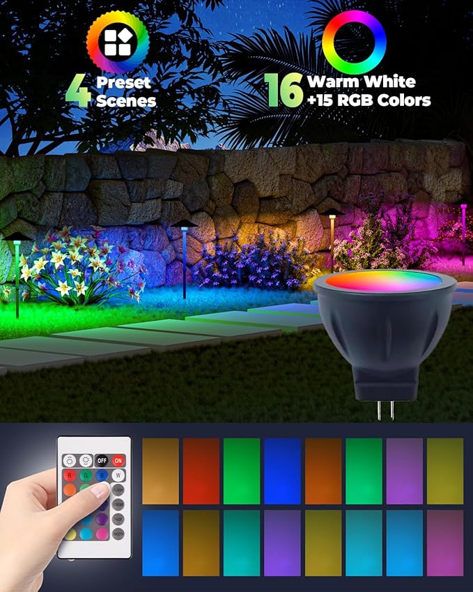 RGB MR11 LED Bulbs Color Changing GU4 Bi-pin Base Warm White+15 Multicolors and 4-Level Brightness on Remote Control 12V MR11 Halogen Bulb Replacement
