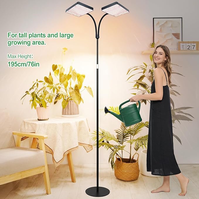 2026 2Head Full Spectrum Floor Lamp Grow Light 50 Watt Bright Grow Lights for Indoor Tall Plants Bonsai Tree Auto On/Off Daily Timer(4/8/12/16/20H) Adjustable Stand 24-78