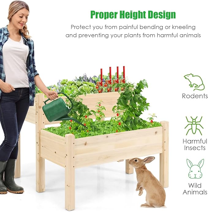 COSTWAY Raised Garden Bed 2-Tier Wooden Elevated Planter Box Stand with Legs for Vegetables Flowers Herbs Outdoor Indoor Garden Bed Kits for Backyard Patio Balcony Patio Natural