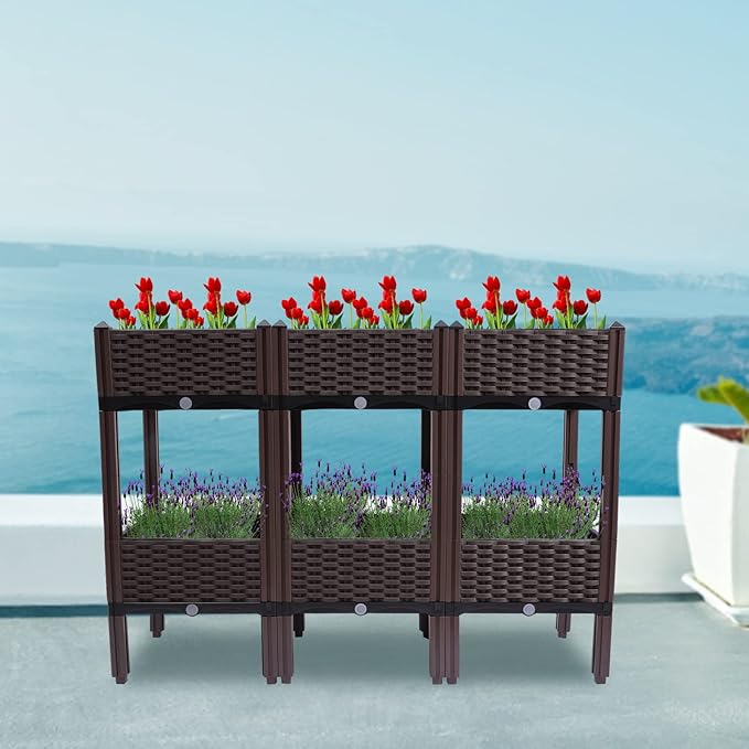 YIYIBYUS Square Raised Garden Bed2-Tier Raised Garden Bed Planter Elevated Box Vegetable Flower Herbs Yard Plant (PP)