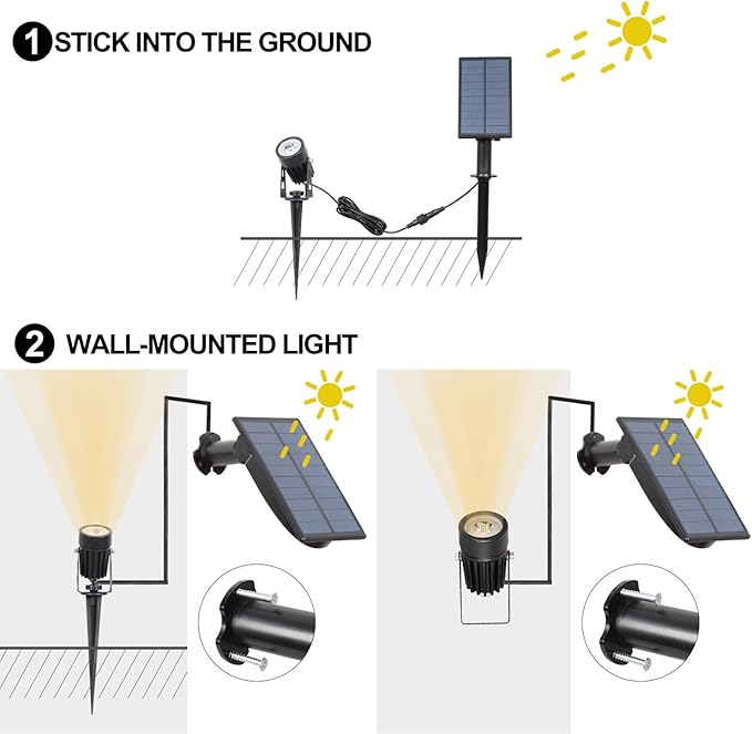 T-SUN Solar Spotlights Waterproof Auto Turn ON/Off Solar Lights with 1 &amp 4 Headlights for Garden Yard Driveway Pool Area (Warm White-3000K)