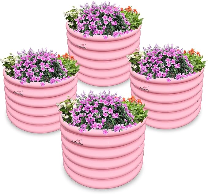A ANLEOLIFE Kids Mini Raised Garden Beds Outdoor (4-Pack)-24x24x18in Round Galvanized Metal Planter Box for Planting Vegetables Flowers Fruits Eco-Safe &amp Easy Setup Blush Pink