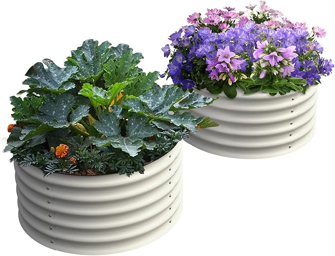 Olle Twin Round Raised Beds for Gardening Galvanized Planter Box for Vegetables Metal Raised Garden Bed Easy Setup Round Metal Raised Bed for Urban Farming Ivory 24 X 17